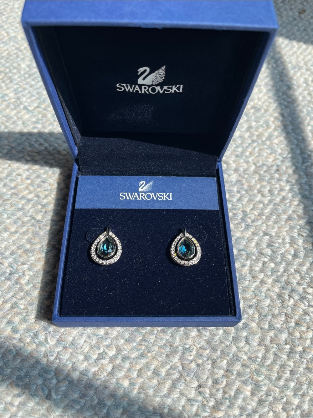 Swarovski Teardrop Earrings with Deep Blue Crystal and Halo